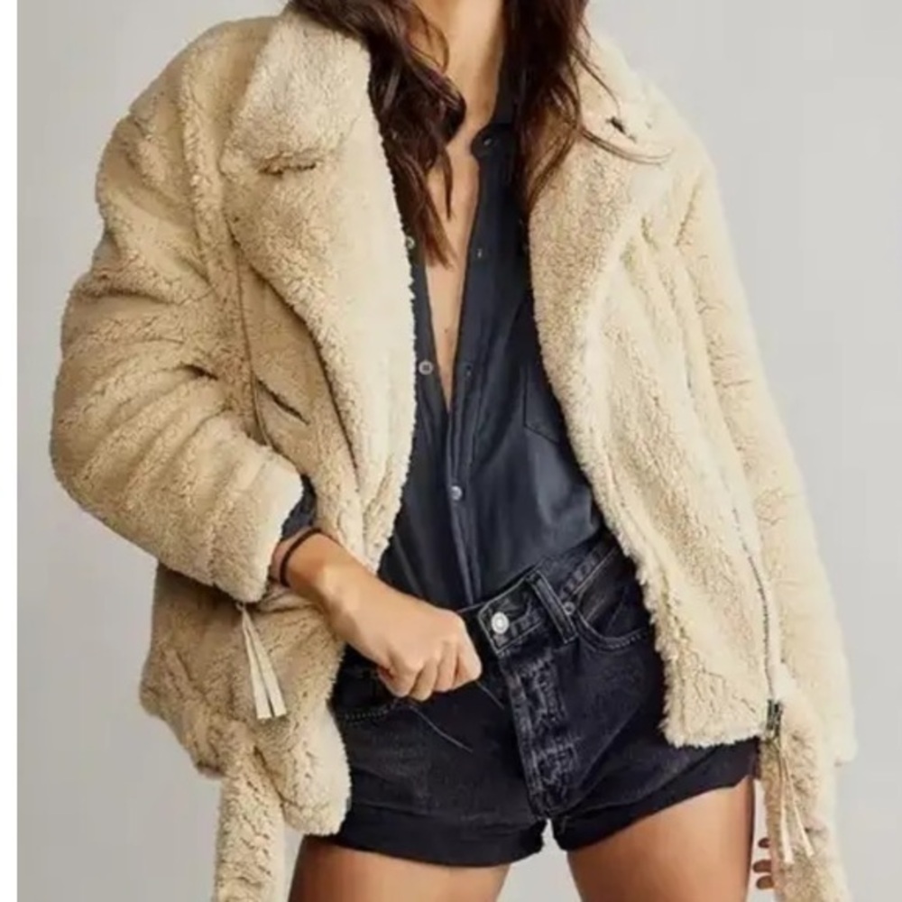 Free People Beige Fleece Sherpa So Cozy Slouchy Moto Jacket We The Free Size XS